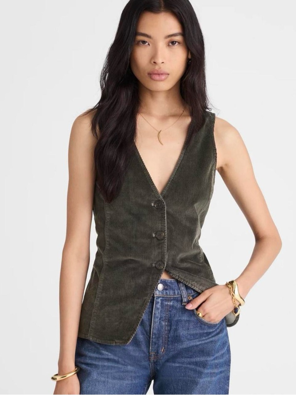 Madewell v-neck cutaway vest corduroy in graphite green